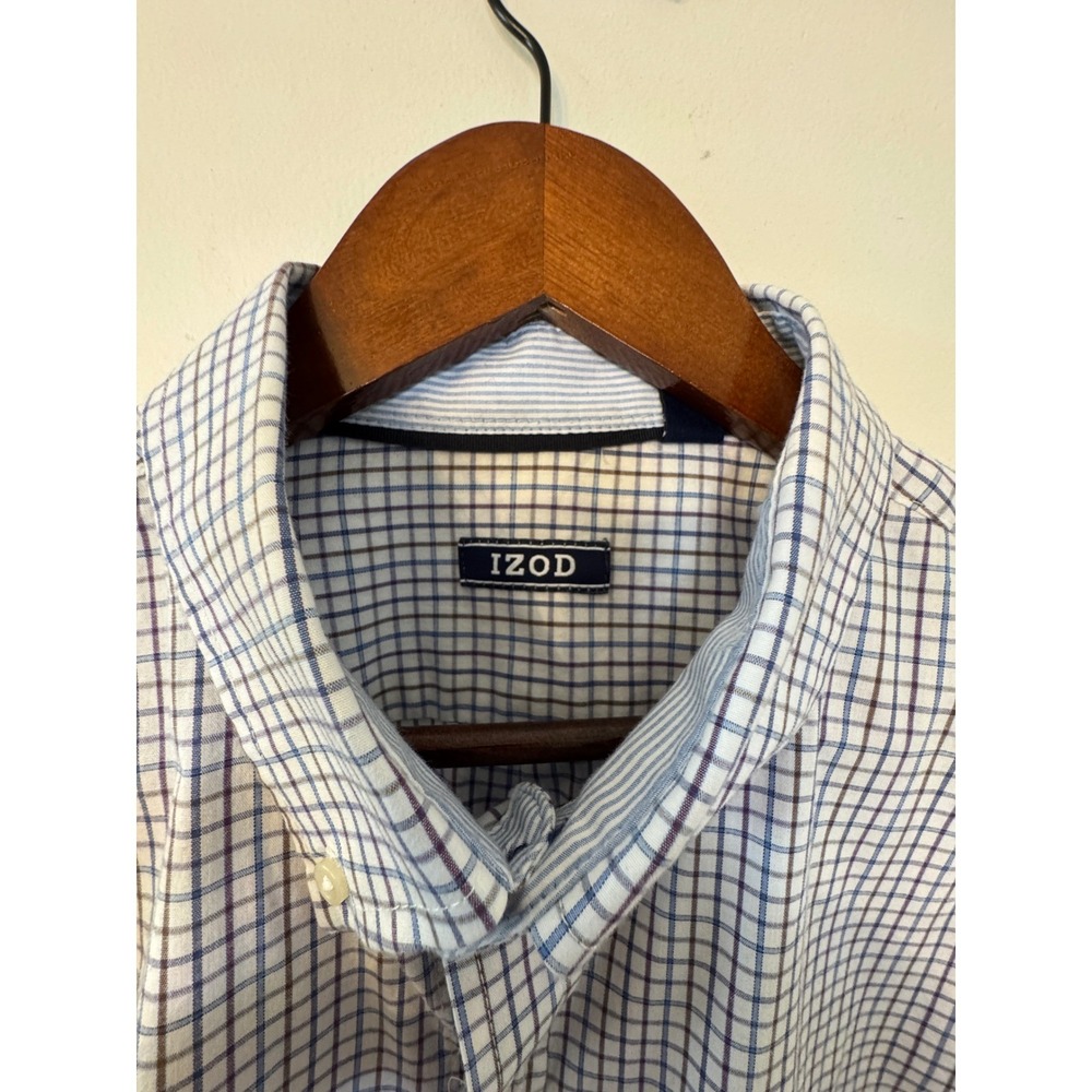 IZOD Mens Blue Brown Tattersall Check Button Down Shirt Size Large Long Sleeve - Picture 2 of 7